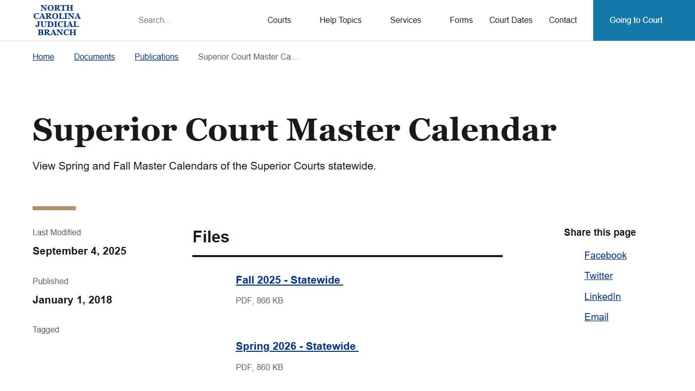 Superior Court Master Calendar | North Carolina Judicial Branch